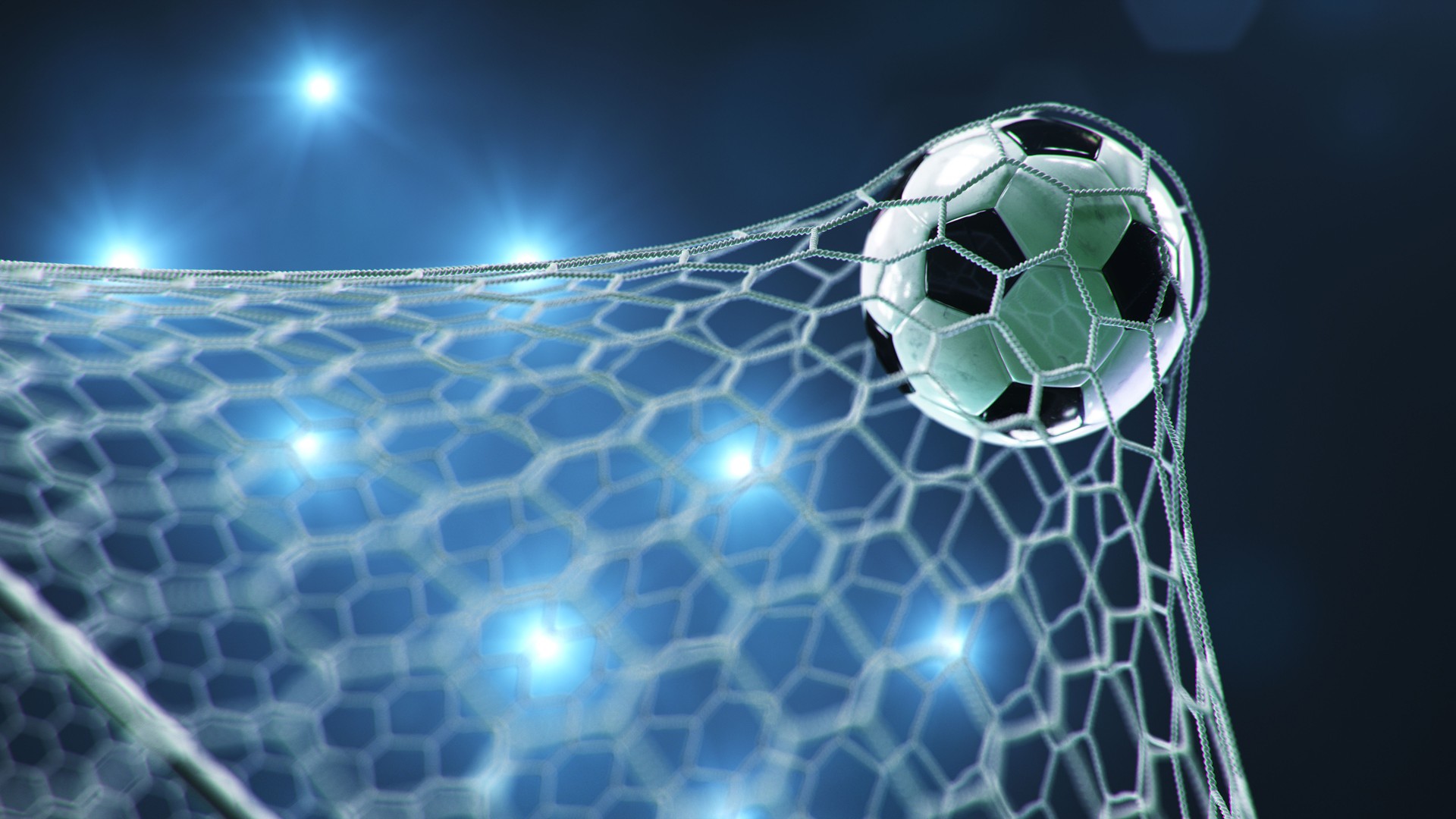 Soccer ball flew into the goal. Soccer ball bends the net, against the background of flashes of light. Soccer ball in goal net on blue background. A moment of delight. 3D illustration